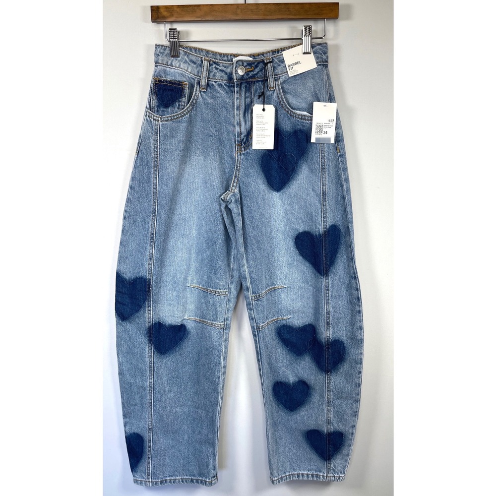 Womens Barrel Fit Heart Print Jeans 24 Blue Baggy Y2K Indie Soft Girl Streetwear